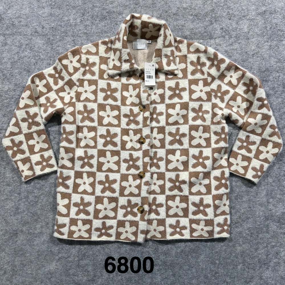 Lush Womens Small Ivory Taupe Flower Checkered Fuzzy Knit Button Up Shirt Jacket